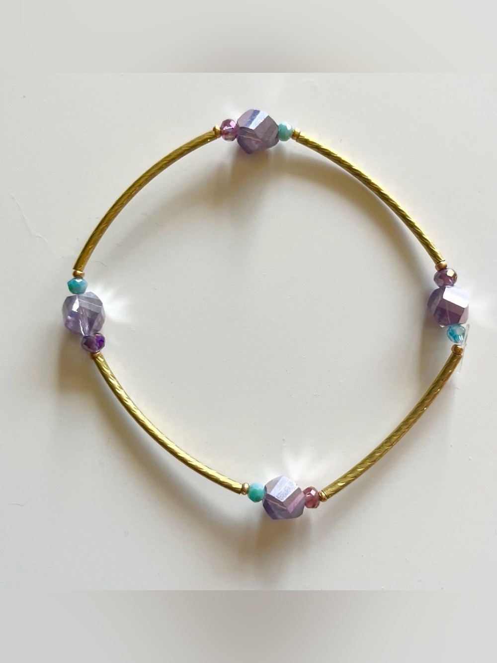 Gold-Tone Stretch Bracelet with Light Purple Beads and Aqua Accents